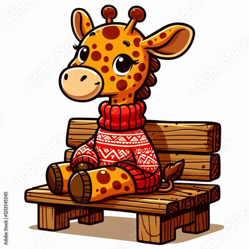 Cartoon vector of a lovable giraffe sitting on a wooden bench