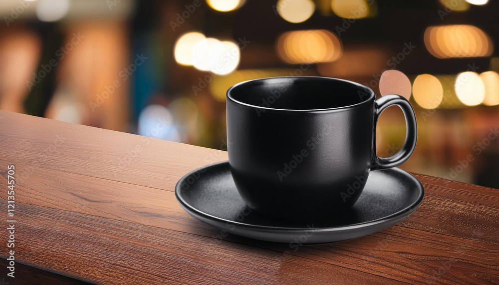 Black cup mockup in cafe background Black cup mockup in cafe background
