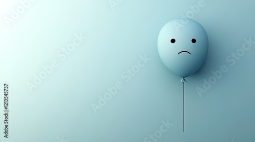 A blue balloon with a sad face floats gently on a blue background, symbolizing feelings of sadness, melancholy, depression, captured in a 3D rendering that evokes emotions of loneliness and low mood