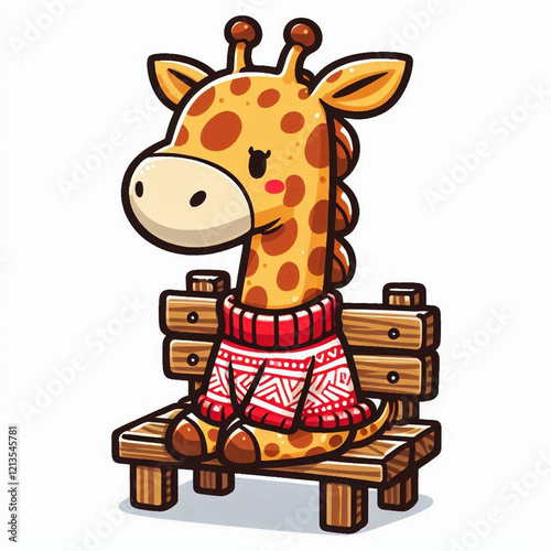 Cartoon vector of a lovable giraffe sitting on a wooden bench