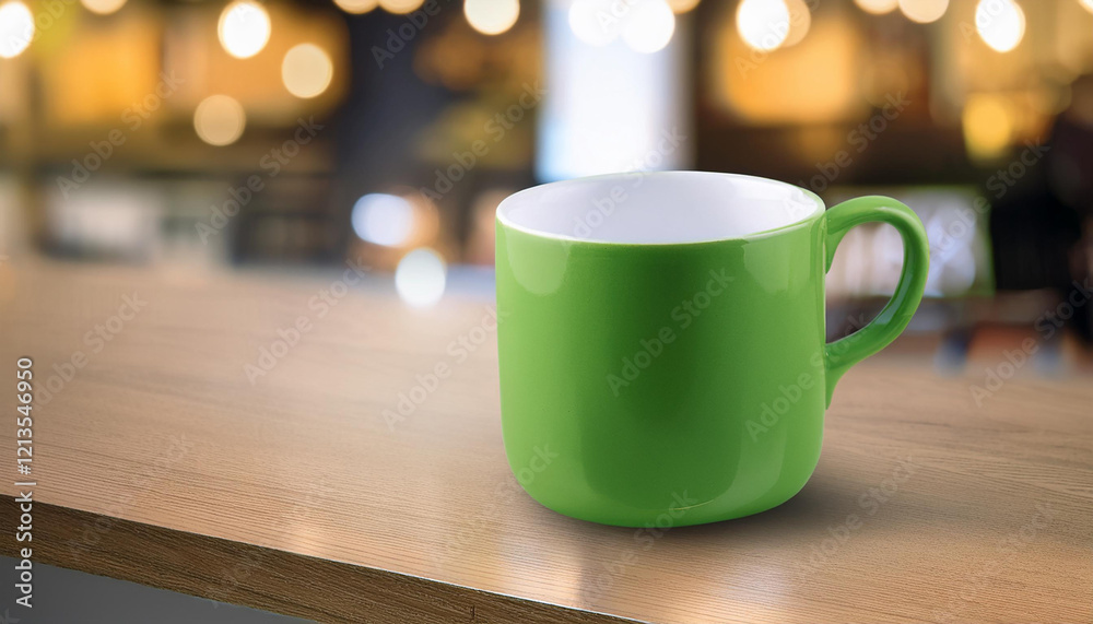 Coffee in green cup on wooden table in cafe with lighting background Coffee in green cup on wooden table in cafe with lighting background