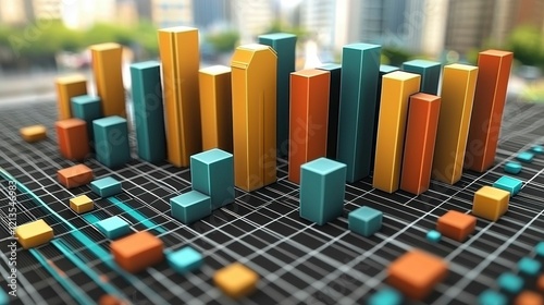 Isometric data chart digitally generated in 3D, with vibrant colors representing statistical data, business performance trends, and market analysis for corporate presentations.