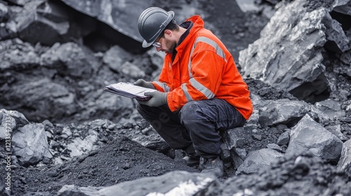 Mine worker reviewing documents amidst excavated rocks