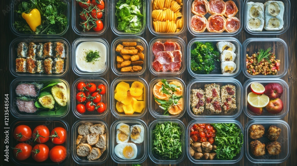 custom made wallpaper toronto digitalA well-organized healthy meal prep, with a variety of balanced meals in containers, promoting efficient and nutritious meal planning