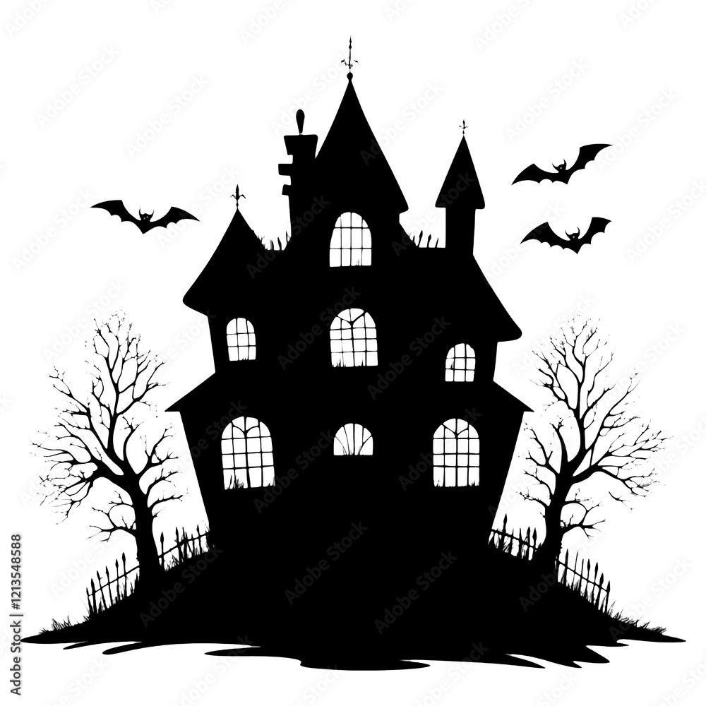Obraz premium Spooky Haunted House Silhouette with Bats and Trees Isolated