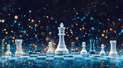 A close up view of a majestic white king chess piece standing tall and proud surrounded by its strategic opponents on a dark chessboard under a captivating starry night sky photo