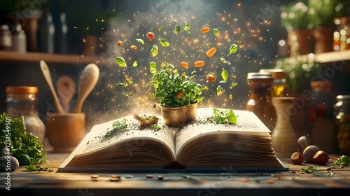 Enchanted book with glowing text conjures a vivid scene of a chef s kitchen complete with chopping boards sizzling pans and colorful ingredients photo