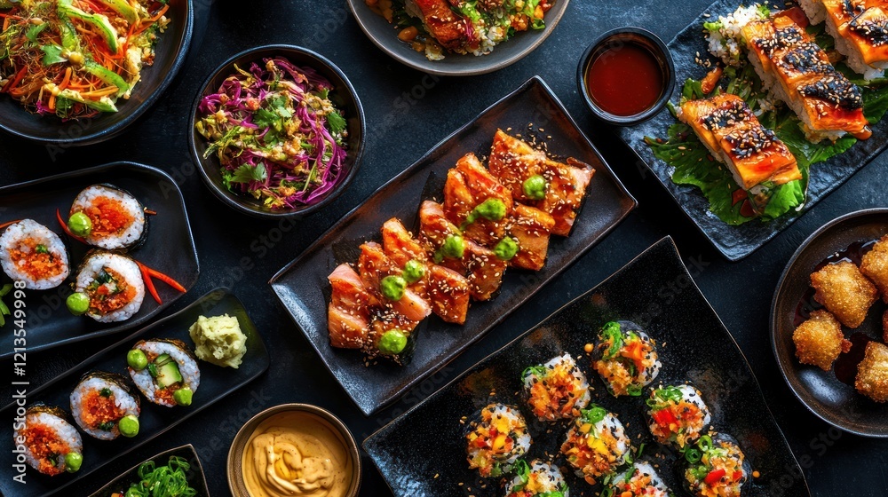 Asian fusion restaurant menu overhead shot Asian fusion restaurant menu overhead shot
