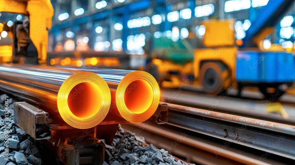 Fototapeta premium Close-Up View of Hot Metal Pipes in Industrial Manufacturing Setting