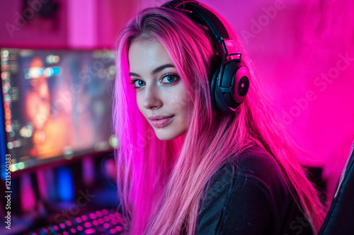 The image features a person with long, pink hair wearing headphones, situated in a colorful, neon-lit gaming environment with vibrant pink and blue lighting, and a monitor displaying a game scene