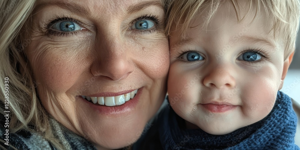 A close up selfie of an older blonde woman with her young son, generative AI A close up selfie of an older blonde woman with her young son, generative AI