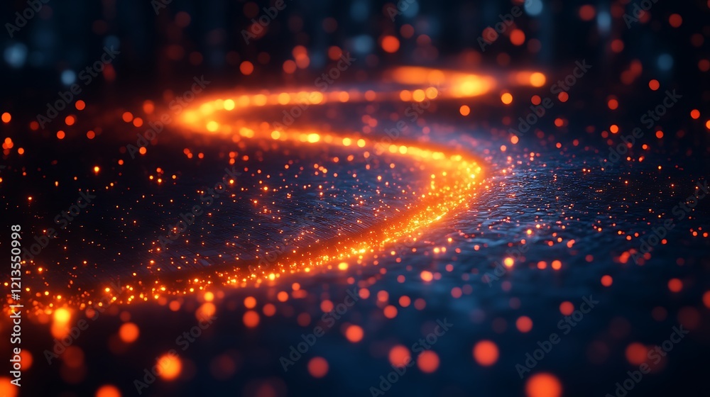 Obraz premium Glowing orange trail on dark blue background.