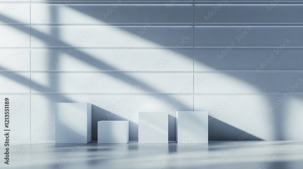 Clean minimalist room sunlight illuminates white geometric platforms. AI Generated Clean minimalist room sunlight illuminates white geometric platforms. AI Generated
