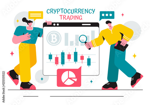 Cryptocurrency Trading Vector Illustration featuring a Pile of Coins, a Digital Currency Wallet, Blockchain Technology, and Bitcoin in a Background