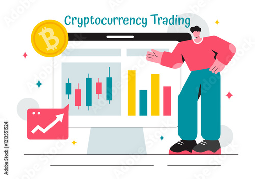 Cryptocurrency Trading Vector Illustration featuring a Pile of Coins, a Digital Currency Wallet, Blockchain Technology, and Bitcoin in a Background