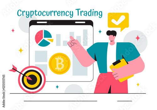 Cryptocurrency Trading Vector Illustration featuring a Pile of Coins, a Digital Currency Wallet, Blockchain Technology, and Bitcoin in a Background