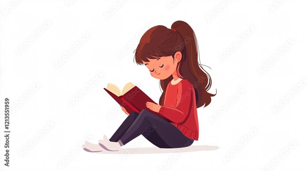 Adorable Girl Reading Book Cartoon Illustration, Centered View Adorable Girl Reading Book Cartoon Illustration, Centered View