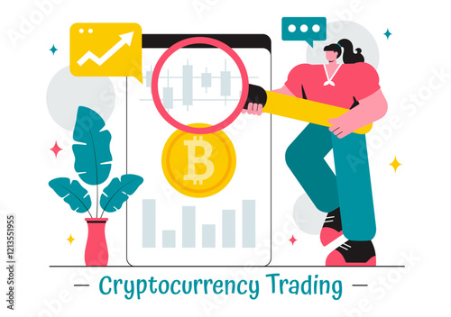 Cryptocurrency Trading Vector Illustration featuring a Pile of Coins, a Digital Currency Wallet, Blockchain Technology, and Bitcoin in a Background
