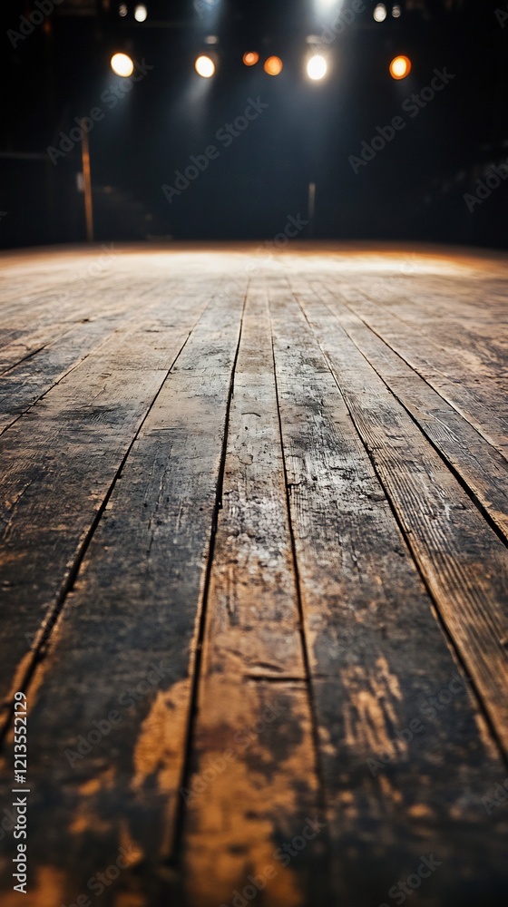 Obraz premium Dark Wooden Stage Floor Illuminated by Spotlights. AI Generated