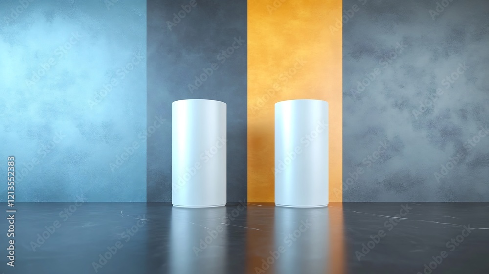 Fototapeta premium Cool light illuminates sleek white cylinders against a textured blue gray orange wall. AI Generated