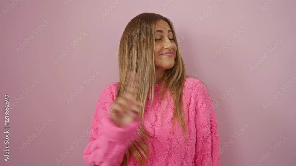 Woman smiling in a pink sweater pointing playfully against a solid pink background, capturing a cheerful and positive expression. Woman smiling in a pink sweater pointing playfully against a solid pink background, capturing a cheerful and positive expression.