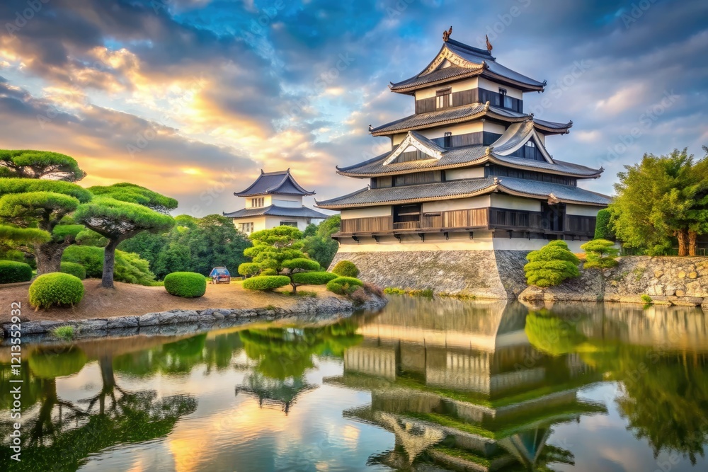 Ancient Japanese-style castle with a serene garden and traditional architecture, landscape, trees Ancient Japanese-style castle with a serene garden and traditional architecture, landscape, trees