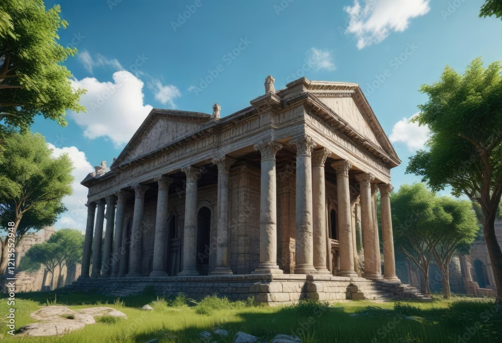Fototapeta premium Ancient Roman Building with Blue Sky and Green Trees , column, nature, tree