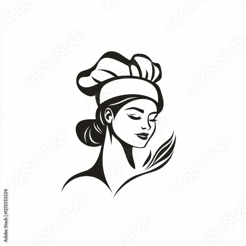 Chef woman profile, elegant silhouette, food background, for restaurant or bakery photo