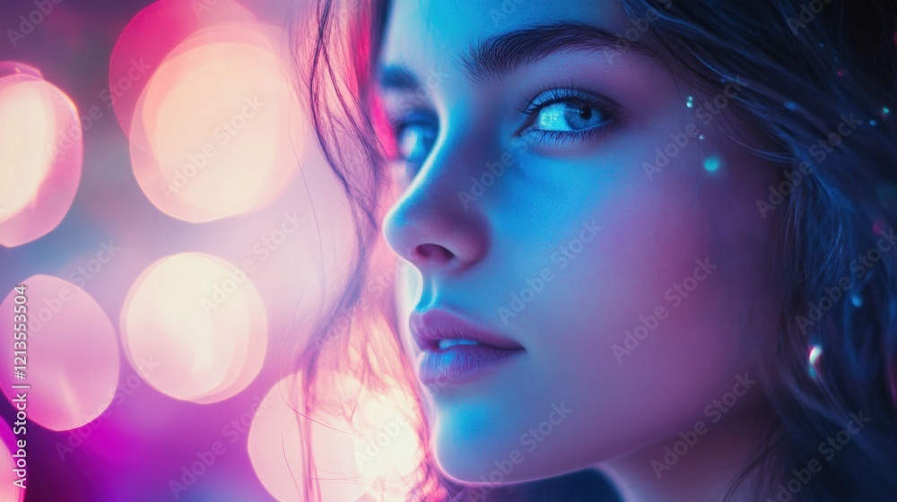 Neon Dreams: A captivating portrait of a young woman bathed in vibrant neon lights, her expression a blend of mystery and allure. Neon Dreams: A captivating portrait of a young woman bathed in vibrant neon lights, her expression a blend of mystery and allure.
