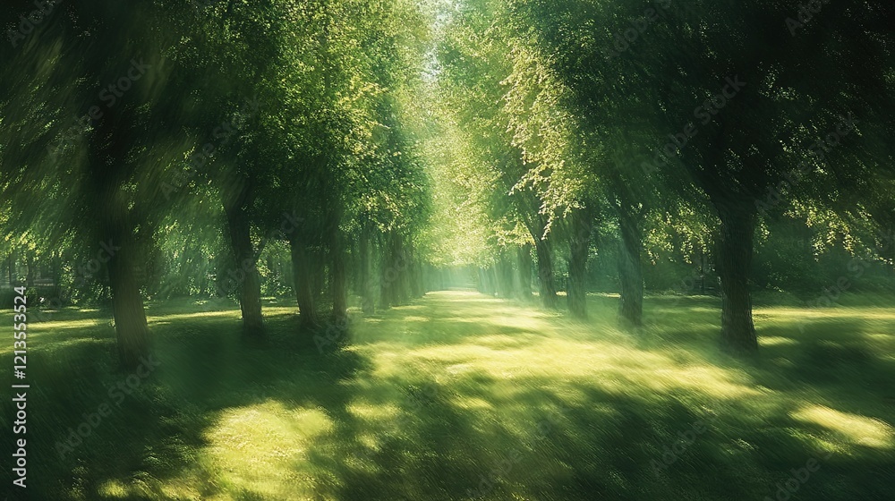 Fototapeta premium Blurry green park with sunlight streaming through trees 