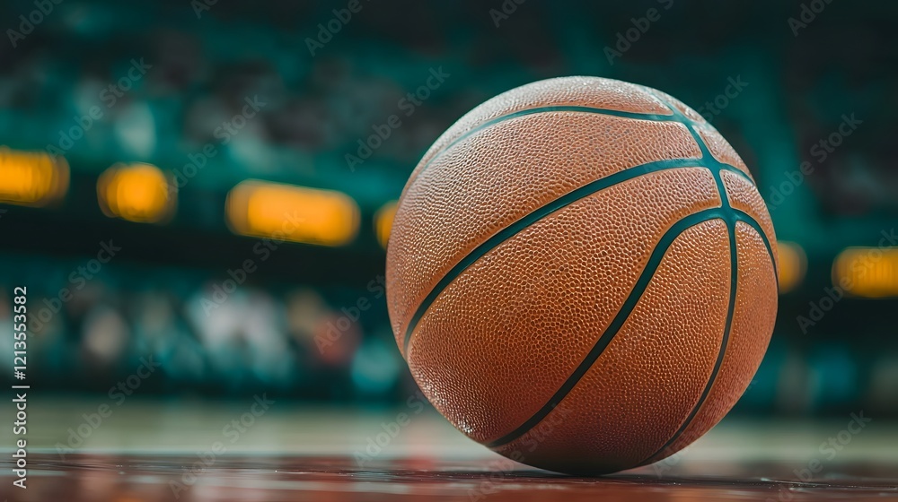 Closeup shot of a basketball resting on a stadium court highlighting the intricate texture and grooves of the ball as well as the hardwood floor Closeup shot of a basketball resting on a stadium court highlighting the intricate texture and grooves of the ball as well as the hardwood floor