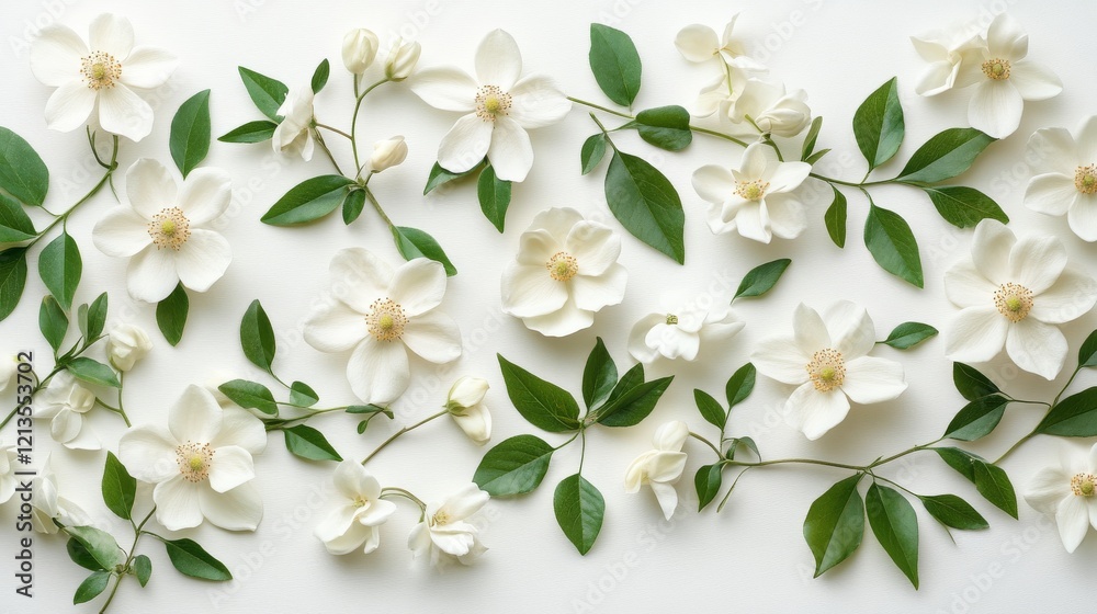 Obraz premium Elegant white floral arrangement with delicate white flowers and green leaves on a soft white background, perfect for minimalist and serene nature-inspired designs, elegant home decor, and wedding inv