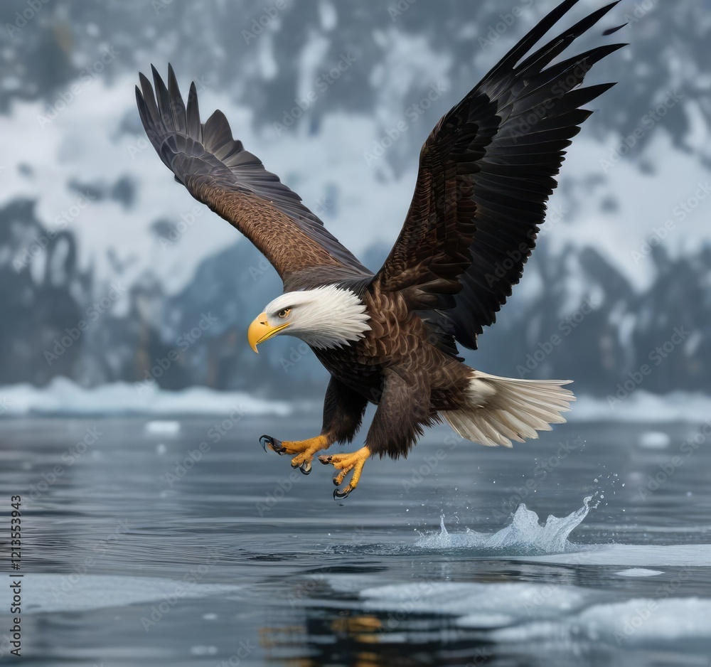 Fototapeta premium Bald Eagle swooping down on fish in icy waters of Kachemak Bay, water, Alaska