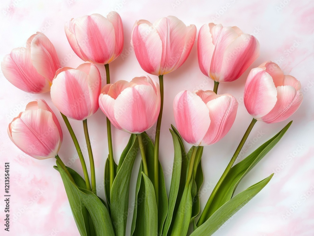 Fototapeta premium Bouquet of pink tulips on a soft pink background in natural light