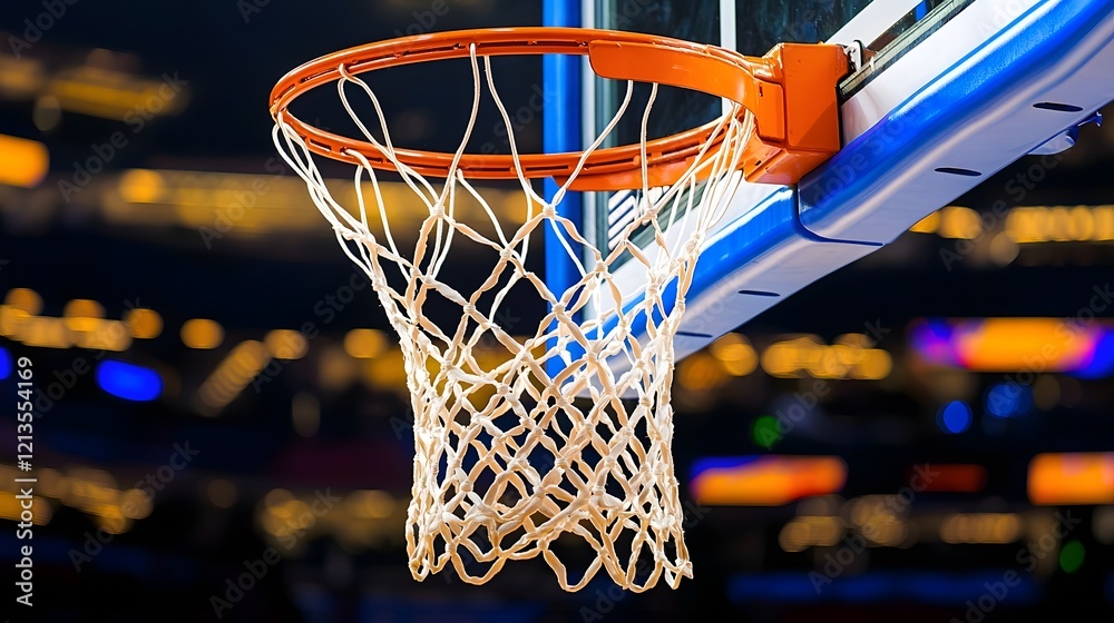 Detailed Close up View of Orange Basketball Hoop with White Net Hanging Down After a Successful Scoring Shot on a Basketball Court Detailed Close up View of Orange Basketball Hoop with White Net Hanging Down After a Successful Scoring Shot on a Basketball Court