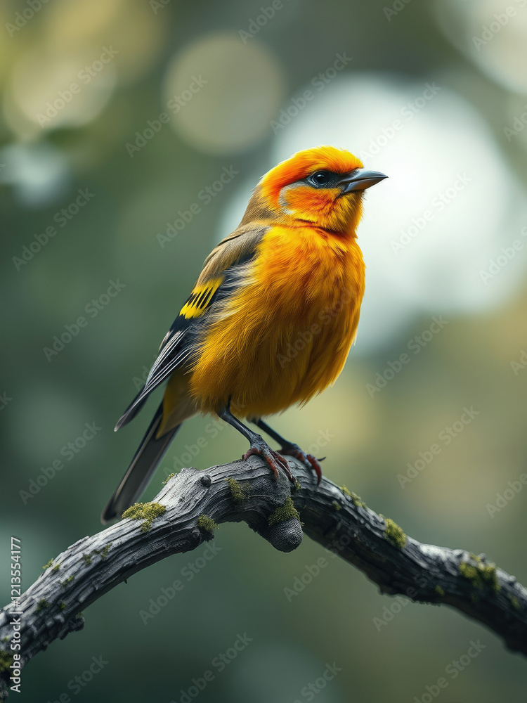 Naklejka premium Beautiful canary bird perching gracefully on a natural branch, copy space, small bird, cute