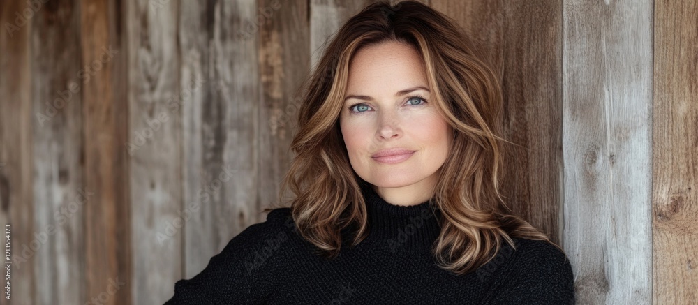 Fototapeta premium Portrait of a Woman with Brown Hair and Blue Eyes, Wearing a Black Sweater Against a Wooden Background