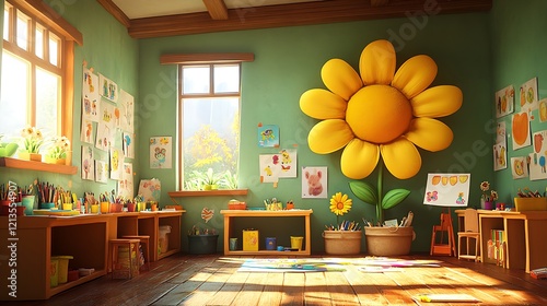 A bright and cheerful classroom, filled with children's artwork and art supplies, features a giant whimsical sunflower and a large window overlooking a sunny landscape, creating a vibrant and inspirin photo