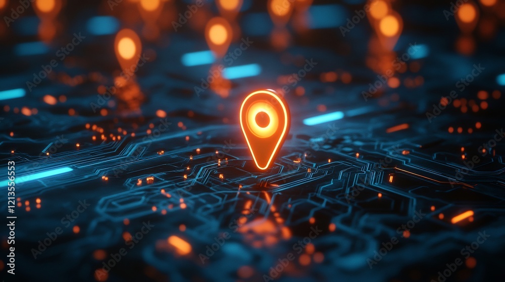 Glowing map pin elegantly sits atop a futuristic circuit board bathed in vibrant orange and blue light. AI Generated Glowing map pin elegantly sits atop a futuristic circuit board bathed in vibrant orange and blue light. AI Generated