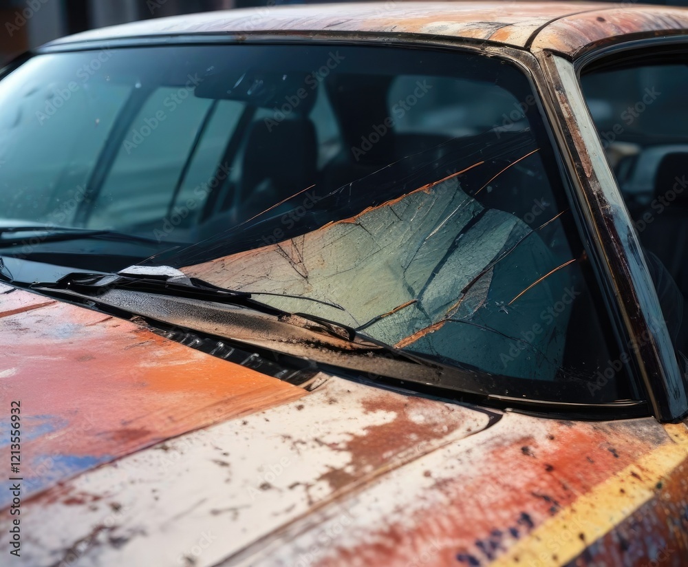 Obraz premium Car with cracked windshield and scratched paint job, abandoned car, cracked windshield, used vehicle