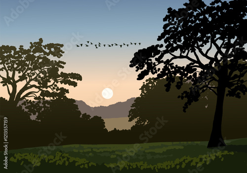 Woodland sunrise landscape illustration with grassland