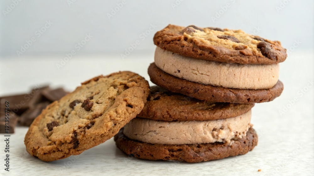 Chocolate ice cream sandwiched between two soft and chewy cookies, creamy, indulgent Chocolate ice cream sandwiched between two soft and chewy cookies, creamy, indulgent