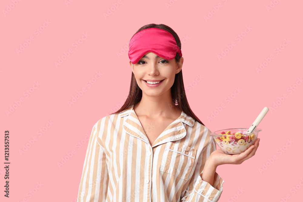 Young woman holding bowl with color cereal rings and milk on pink background Young woman holding bowl with color cereal rings and milk on pink background