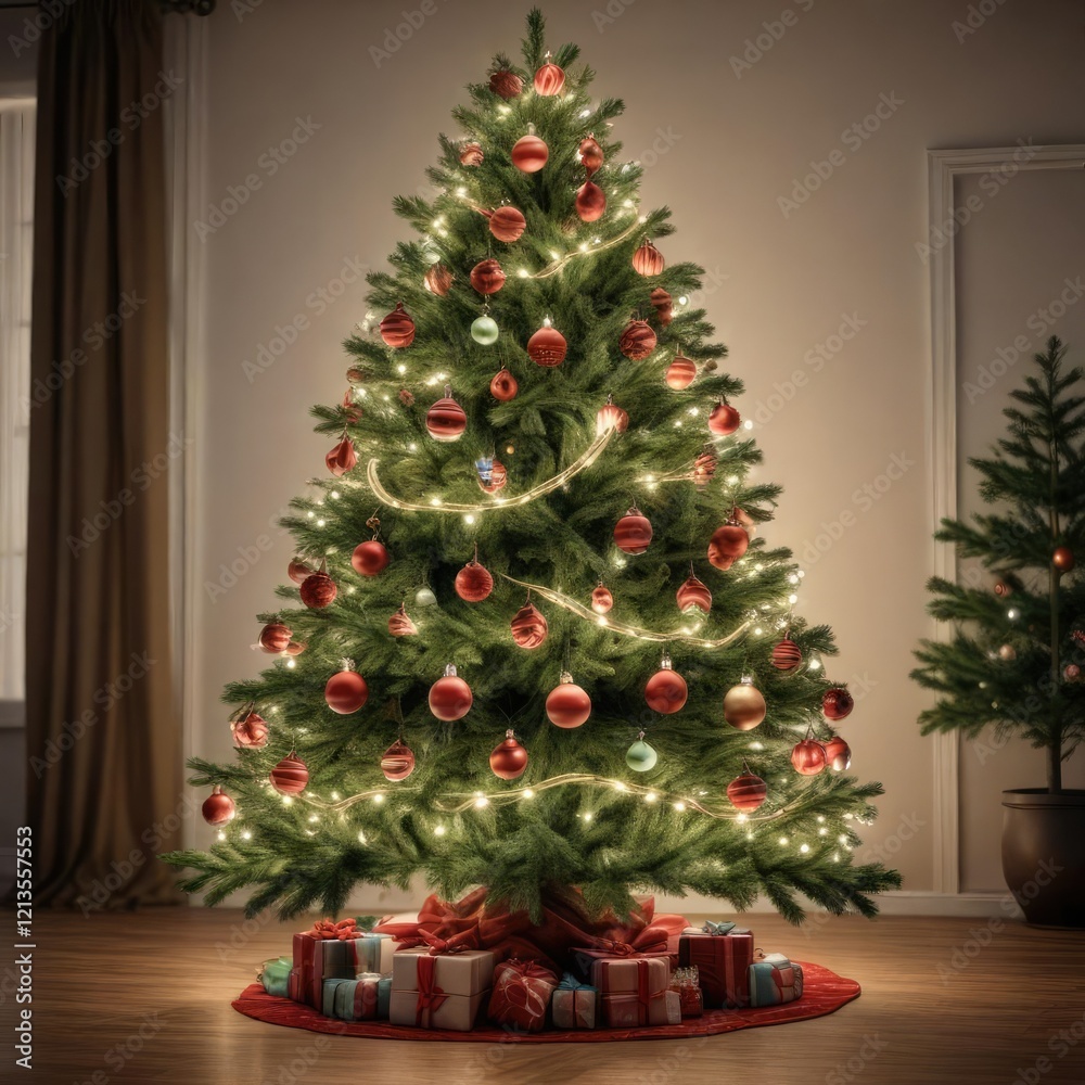Christmas tree decorated with ornaments and lights, tree, greenery Christmas tree decorated with ornaments and lights, tree, greenery