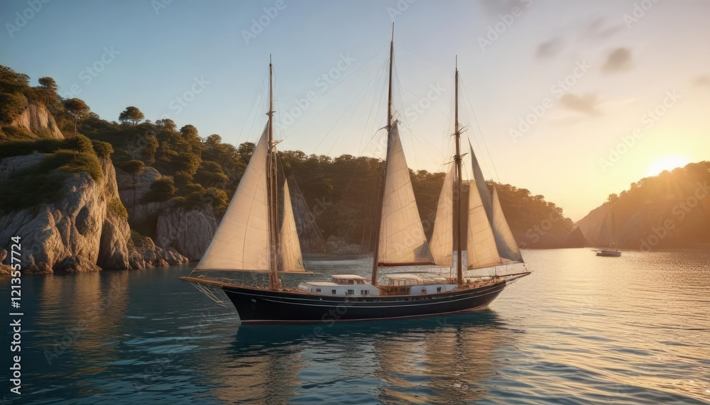 Fototapeta premium Classic sailing yacht anchored in a tranquil cove at sunset with a clear blue sky and a serene atmosphere, sailboat, sun on water