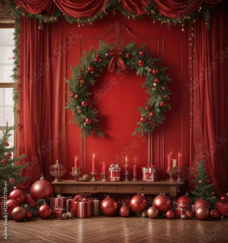 Classic Red Christmas Backdrop with Vintage Decorations , vintage charm, classic red backdrop
