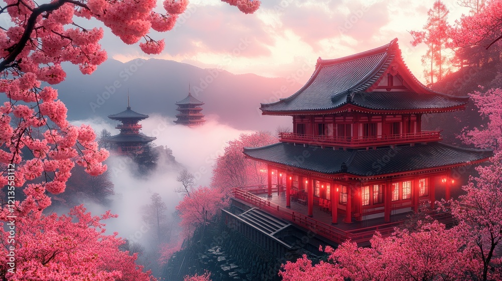 Obraz premium Sunrise over misty mountain temple, cherry blossoms