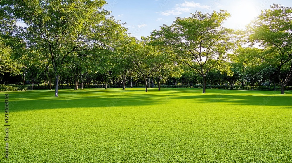 Obraz premium Green grass field lawn background. Vibrant sunny park ideal for themes of spring, earth day or outdoor leisure activities.