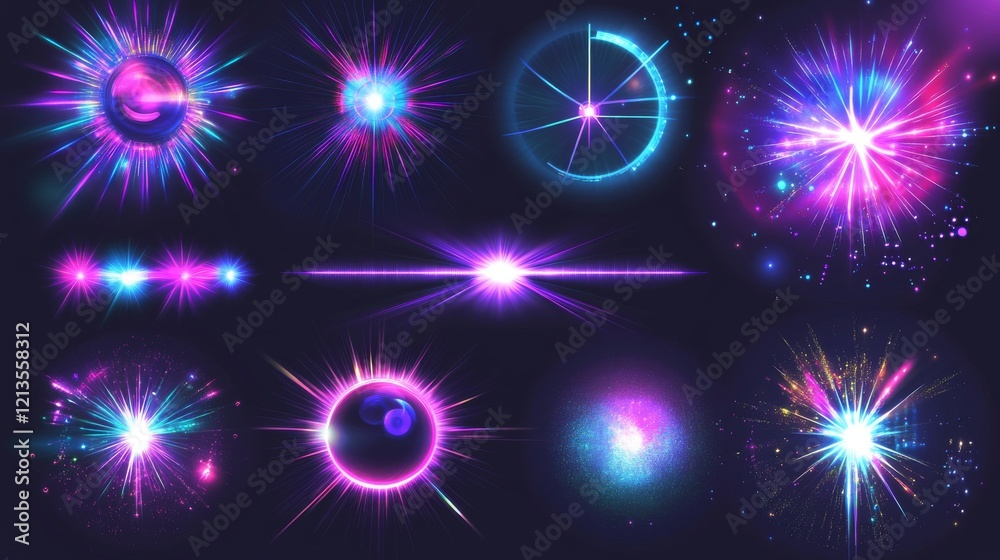 Fototapeta premium Bright light beams, laser rays, neon glow effect. Abstract flares, color flashes of disco ball, party lights with rays isolated on transparent background, vector realistic set