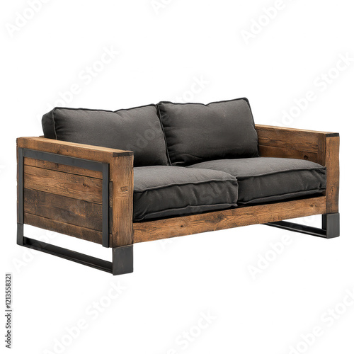 Stylish two-seater loveseat combines a sturdy wood and metal frame with plush cushions, perfect for enhancing contemporary interiors or outdoor lounges